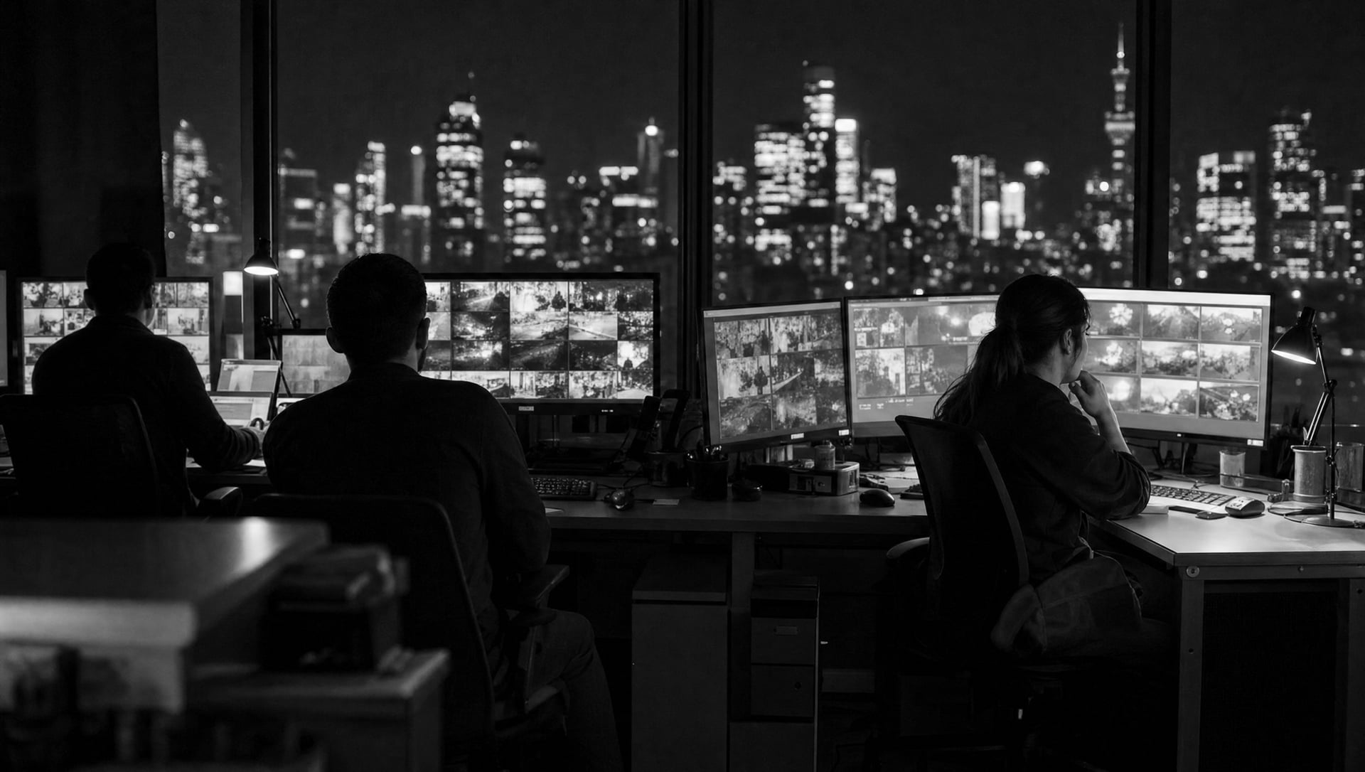 The R&D office on a night shift — camera feeds across the screens