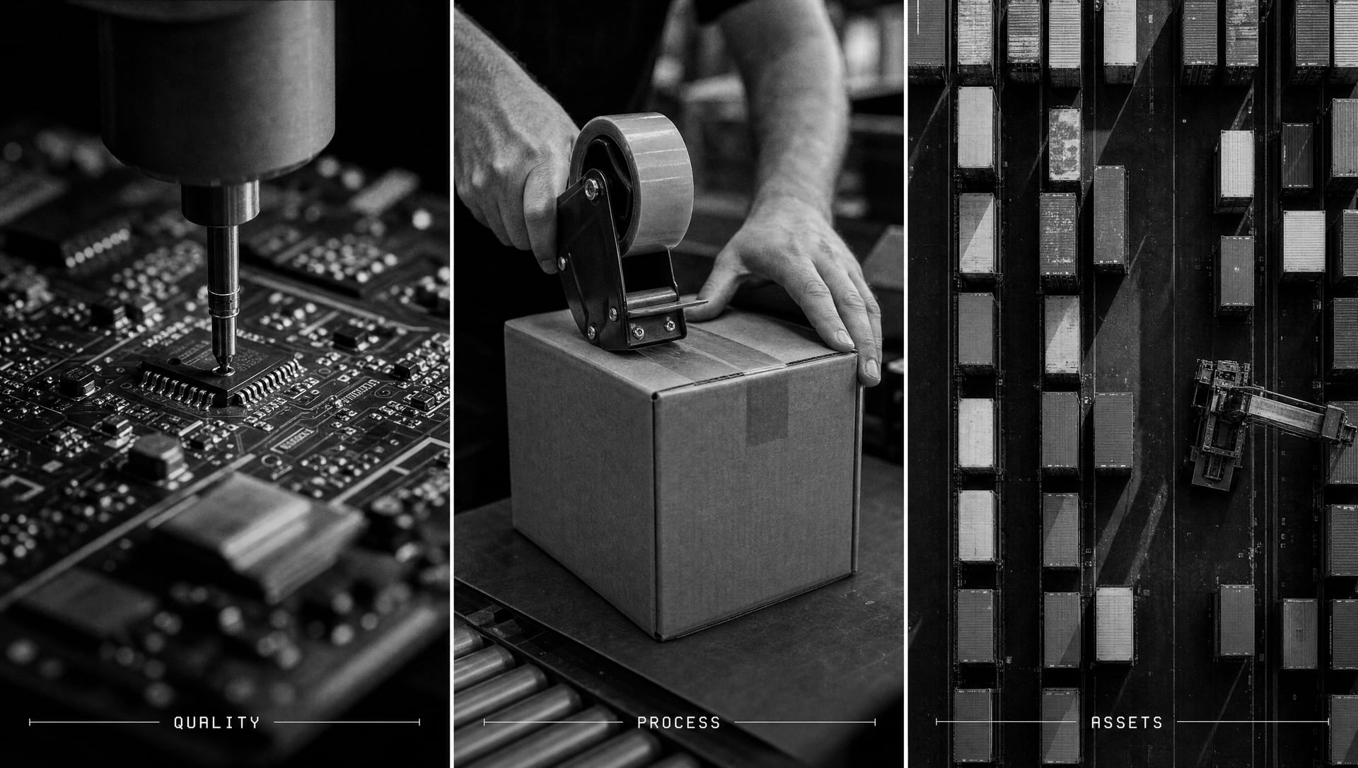 Three example domains side by side: PCB inspection, packing process, aerial stock yard