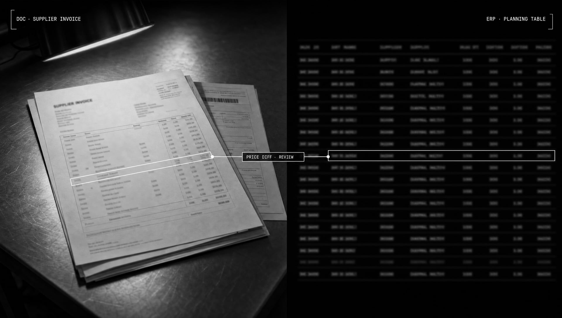 A supplier invoice matched line by line against the MRP/ERP plan — one difference flagged